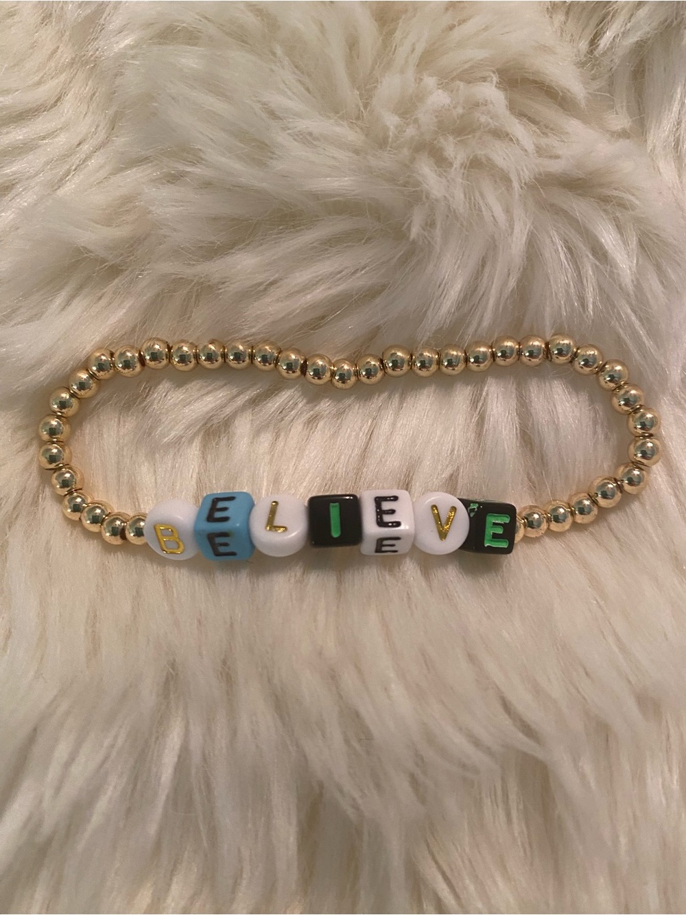 BELIEVE Gold Beaded Stretch Bracelet with Colorful Letter Beads